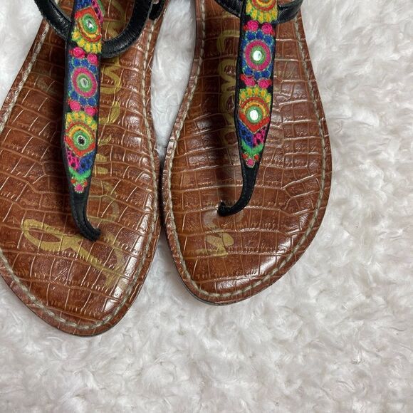 Sam Edelman Gigi leather multi color embroidery black T Strap thong sandals SZ9M - Picture 5 of 7